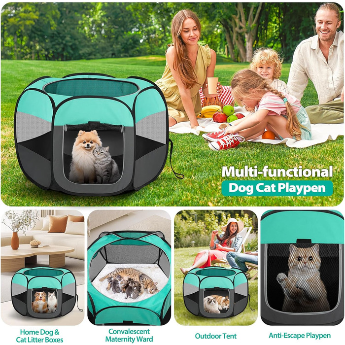 Клітка-забіг для цуценят, вольєр для собак та котів, портативна клітка-забіг для тварин, водовідштовхувальне полотно Oxford, з сумкою для перенесення, для дому, вулиці, кемпінгу (Білий, Зелений, L(110x110x60cm))