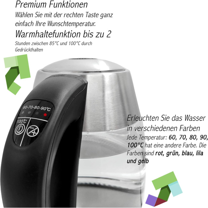 Електричний чайник Smaragdgrün: 1.8 л, 2200 Вт, LED-дисплей, 13 температурних режимів (40-100°C), скло та нержавіюча сталь