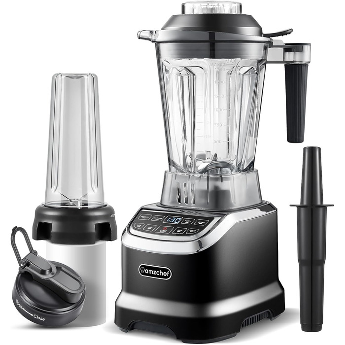 AMZCHEF Mixer Smoothie Maker - 2000W Blender - High-Performance Mixer with LED Timer - 6 Professional 3D Blades - 22000 RPM Stand Mixer - 1.85 Liter Bottle and 600ml Portable Bottle 2000W Black