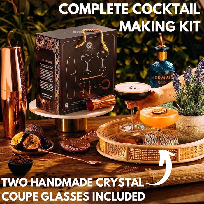 Набір для коктейлів з шейкером та 2 бокали Мартіні, рожеве золото, аксесуари для бармена, подарункова коробка з рецептами