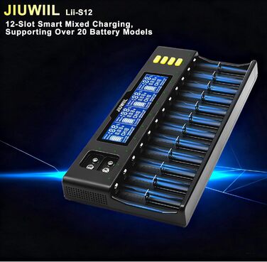 Зарядний пристрій для акумуляторів 18650 JIUWIIL з LCD-дисплеєм, універсальний, 12+2 слоти, для Li-Ion, LiFePO4, 26650, 17500, 16340, 18650, 14500, 10440 та 9V акумуляторів