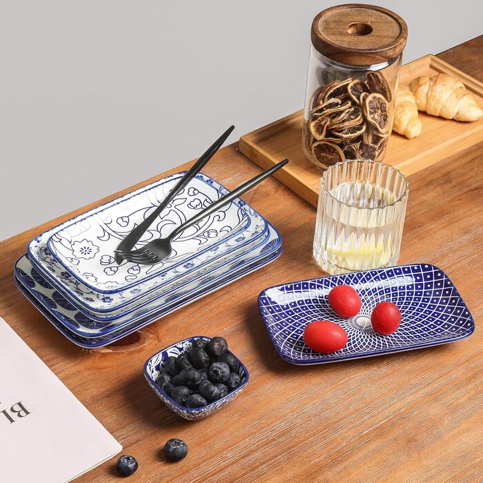 Набір тарілок Selamica, 6 шт., прямокутні, для закусок, десертів, суші, фруктів, 18 × 10.5 × 2 см (Вінтажно-блакитний)