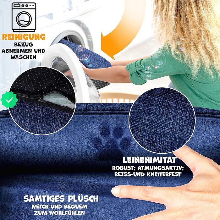 Lovpet® Dog Bed Dog Cushion Dog Basket Chiller, Incl. Bowl + 3X Chew Bones, Dog Sofa Cushion for Small, Medium & Large Dogs, Removable and Washable Cover, L 90 x 75 x 25 cm (M (70 x 55 x 21 cm), Navy Blue)