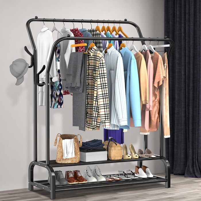 LOEFME Clothes Rack, 110 * 35 * 146cm Clothes Rack Stable Freestanding Clothes Rail, Double Rod Multifunctional Bedroom Clothes Rack, Minimalism Clothes Rod Black