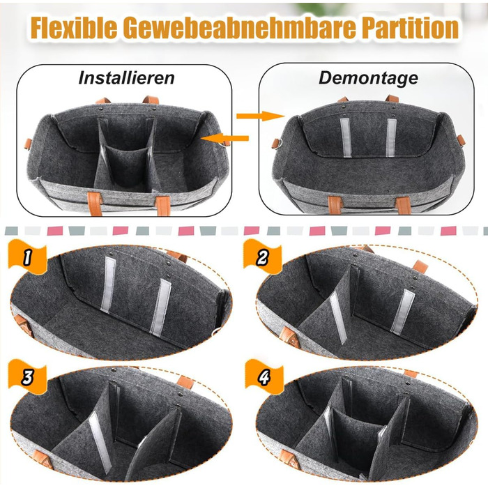 Фетрова сумка-кошик, 16л, з відділеннями, складана, міцна, сіра, 38x23x18 см. Ідеальна для пікніків, покупок та транспортування дров.