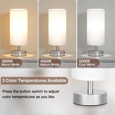 Нічна лампа Kakanuo з 3 колірними температурами, біла торшер з вимикачем, льняний абажур, маленька лампа для вітальні, спальні, офісу, дитячої кімнати (LED лампа в комплекті), біло-чорний колір (білий+срібний)