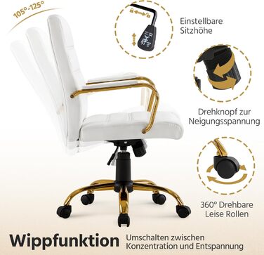 Офісне крісло Yaheetech з ергономічною спинкою, поворотне, з роликами та підлокітниками, до 130 кг, білий/золотий