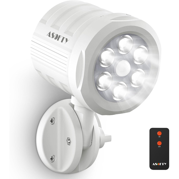 ASOFTY Motion Sensor Outdoor Battery Spotlight with Remote Control, 6 LED Wireless Battery-Powered 1000LM Spot Lamps, IP65 Waterproof Security Lamp for Garden, Garage, Indoor and Outdoor