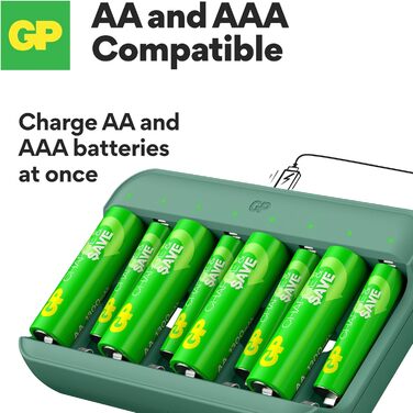 Зарядний пристрій для акумуляторів GP Charge&Save AA AAA з USB-C, 4 слоти, швидка зарядка, LED-індикатор, компактний дизайн