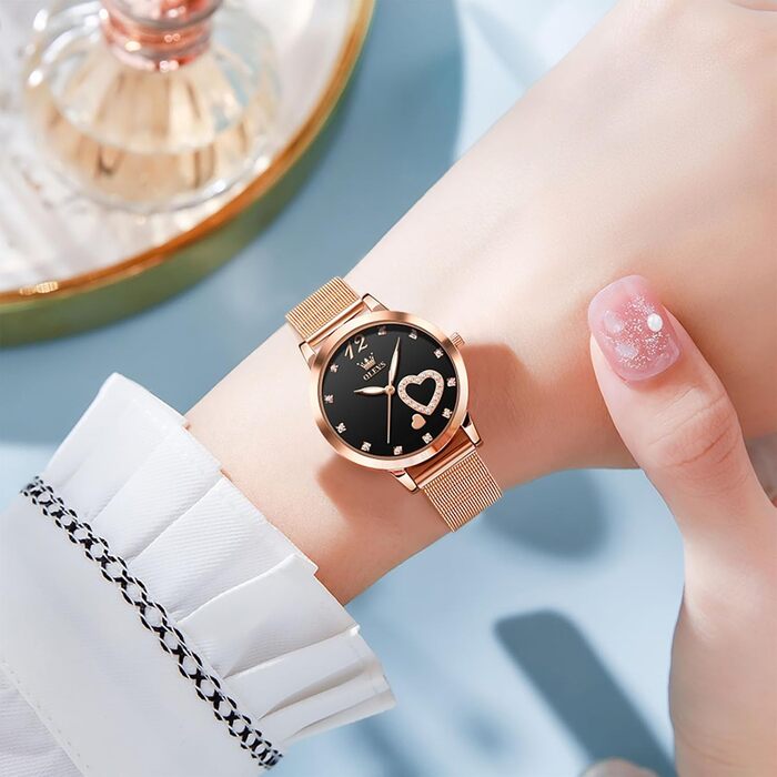 Годинник жіночий OLEVS Roségold: стильні годинники з нержавіючої сталі з діамантовим серцем, водонепроникні, ультратонкі, аналоговий годинник з сітчатим ремінцем, чорний циферблат, рожеве золото