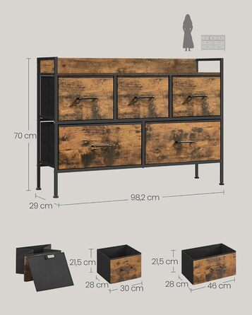 SONGMICS Chest of Drawers, Cabinet, 7 Fabric Drawers with Handles, Metal Frame, Industrial Design, Vintage Brown + Ink Black LTS137B01 (Vintage Brown + Ink Black, 29W x 98.2D x 70H cm)