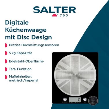 Кухонні ваги Salter 1036 BKSSDR: електронні, цифрові, 5 кг, функція тарування, нержавіюча сталь, LCD-дисплей (Чорний/Union Jack)