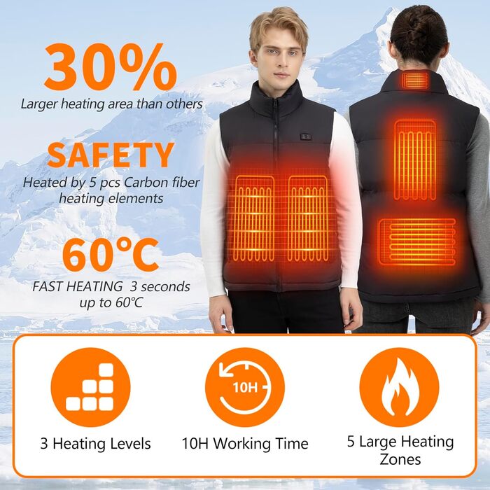 Обогрівальний жилет для чоловіків з Powerbank 7.4V 18400mAh, зимовий жилет з м'якої бавовни, 3 режими нагріву для катання на лижах, мотоциклі, полювання, риболовлі, чорний