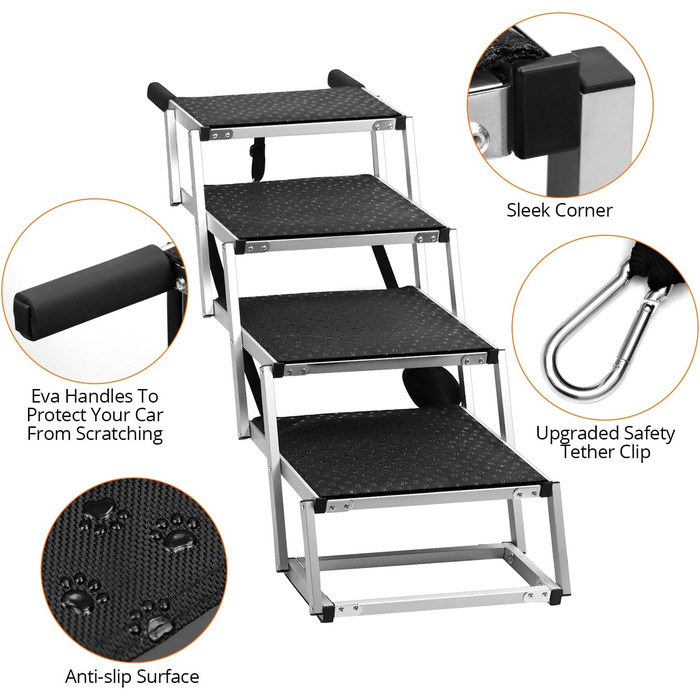 QWORK® 4-Step Folding Dog Stairs for Car - Adjustable Height, Anti-Slip, Up to 80kg