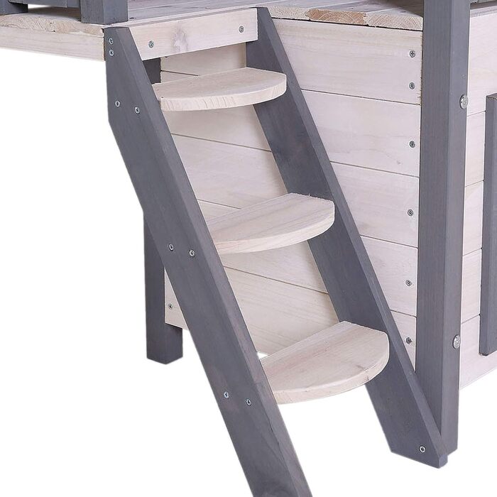 Кішковий будиночок Lionto з терасою та сходами, вуличний, сірий/білий, 77x50x73 см