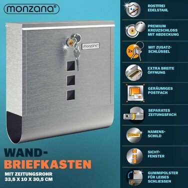 Поштовий ящик Monzana Kreuzschloss з мідним циліндром, поворотна кришка, 31x10x34 см, вікно, табличка для імені, відділ для газет, сталь, 2 ключі, чорно-срібний