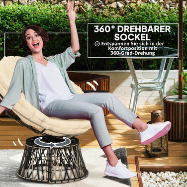 Крісло-гойдалка Outsunny Papasan з ротангу, 360° обертається, крісло-кошик з подушкою, діаметр 90 см, кругле ротангове крісло, крісло-поворотник, крісло для відпочинку, крісло-шезлонг для вітальні, саду, балкону, бежеве | Aosom