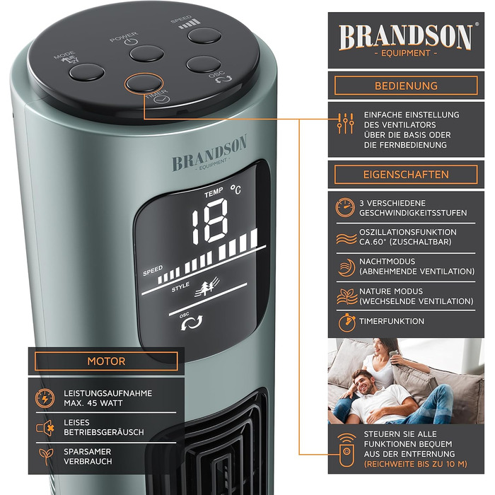 Вентилятор торгової марки Brandson з пультом керування, 96 см, 3 швидкості, осциляція 60°, темний синій (F: Сріблястий м'ятний)