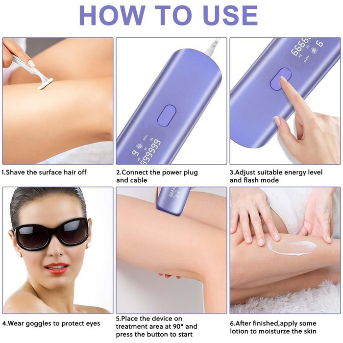 Епілятор ACWOO з системою охолодження, безболісне видалення волосся, лазерний епілятор з 3 функціями HR/SC/RA, 9 рівнів потужності для жінок/чоловіків, обличчя, руки, зона бікіні, тіло, ноги, білий (фіолетовий)