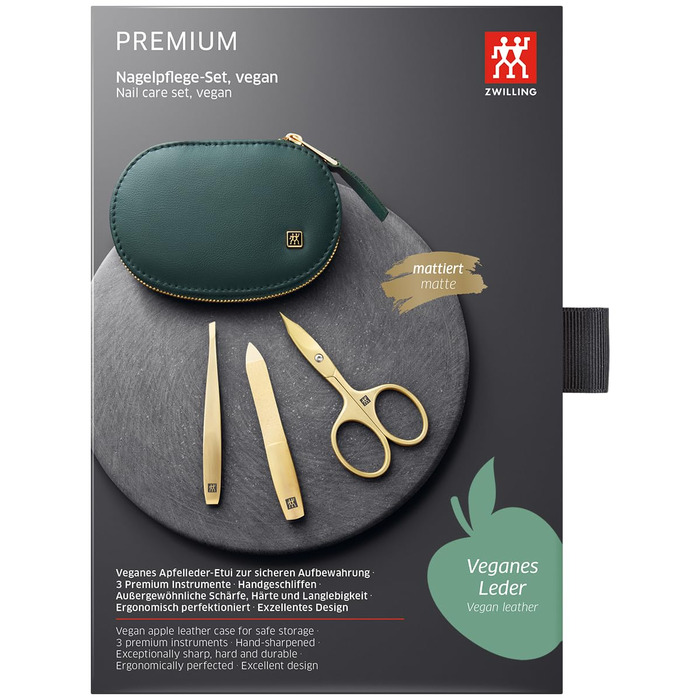 Набір для манікюру та педикюру ZWILLING 3 шт., комбіновані ножиці для нігтів, етикетка з веганської шкіри яблука, зелений