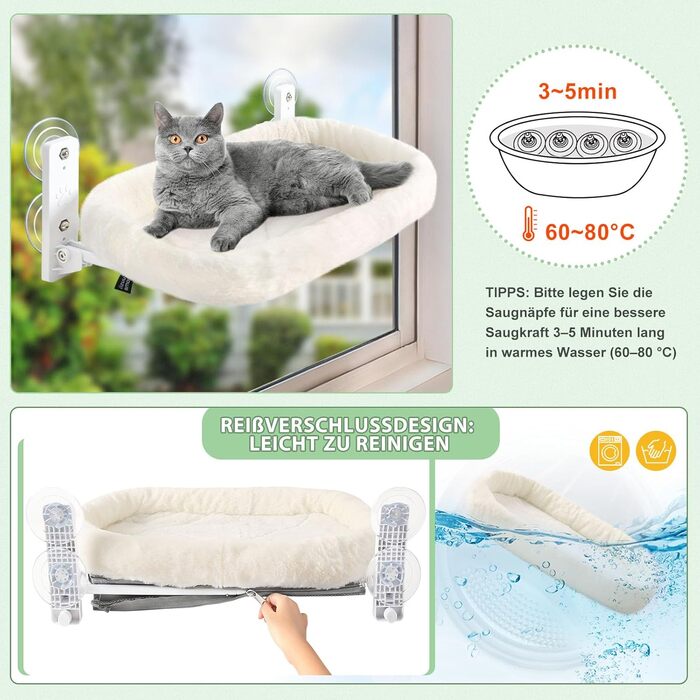 GUUSII Cat Window Perch, Cat Bed, Window Hammock, Cat Hammock, Cat Window Seat, Foldable Cat Window Lounge, Window Hammock, Cat Hanging Bed, Up to 18kg (M) (White)