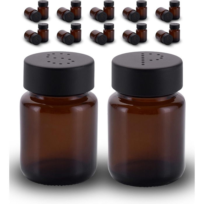 Koffs Design Salt and Pepper Shaker Set - Brown Glass - Salt Shaker with Stainless Steel Lid - Shakers for Pepper and Salt - Small and Modern Table Shakers - Salt & Pepper - 10 Sets