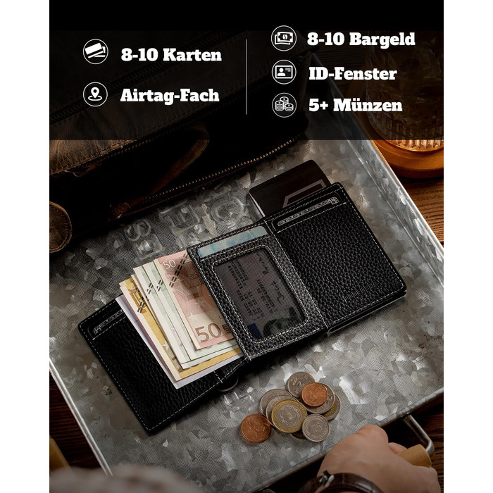 Портмоне DODENSHA® MagSnap для чоловіків з RFID захистом та відділенням для AirTag® I Кредитниця для 10+ карток I Портмоне з монетницею I (Чорний)