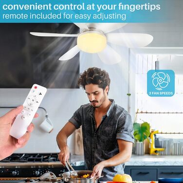OKYUK Стеля-вентилятор з підсвічуванням, тихий, з пультом керування, регулювання кольору, E26/E27, 48 см, білий