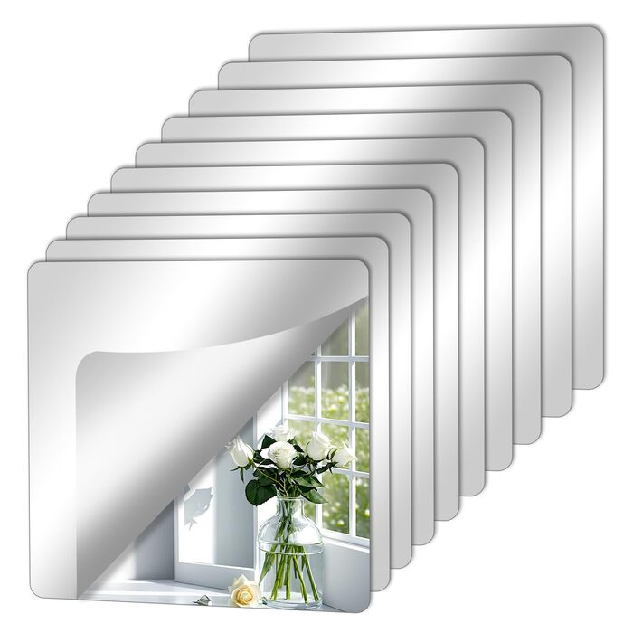 Дзеркала на клейкій основі, 20x20 см (10 шт.) з акрилової плівки, 2 мм - для ванної, вітальні, спальні, шафи