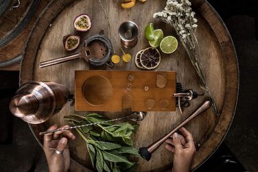 Набір для коктейлів Mint&Mortar 7 предметів з бамбуковим підставкою, з нержавіючої сталі, міксологія, барменський набір з барними інструментами для дому та професійного використання, ідеальний для Мартіні/Маргарити, 680 мл, міксер (Чорний) (Шліфоване мідь