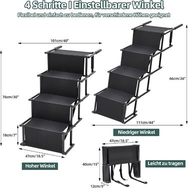 Folding Dog Ramp for Cars - 4 Step Pet Staircase, Up to 80kg, Black - Gentle on Joints