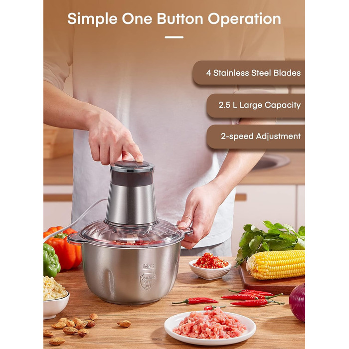 Електричний подрібнювач FOHERE для кухні, 350W, з чашею 2.5л з нержавіючої сталі та 2 швидкостями, 4 леза з нержавіючої сталі для м'яса, цибулі та овочів