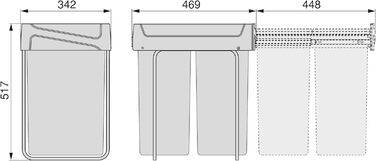 Відро для сміття на кухню Emuca з нижнім кріпленням, 2 висувні контейнери по 20 л, загальний об'єм 40 л (2 x 20 л), сталь та пластик, сірий (антрацитовий сірий).