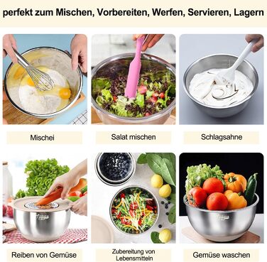 Mixing Bowl Set of 6, Stainless Steel Bowl Salad Bowl Set with Lid & Silicone Bottom, 3 Grater Attachments, 4.7l/3.8l/2.8l/1.9l/1.4l/0.6l, Non-Slip & Stackable - Khaki