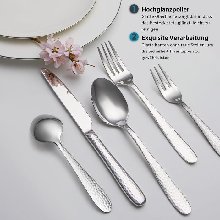 Набір столових приборів EIUBUIE 30 предметів з нержавіючої сталі, молоткова текстура, для 6 осіб. Столові прибори з ножами, вилками та ложками, поліровані, для дому та вечірок, можна мити в посудомийній машині, сріблястий колір.