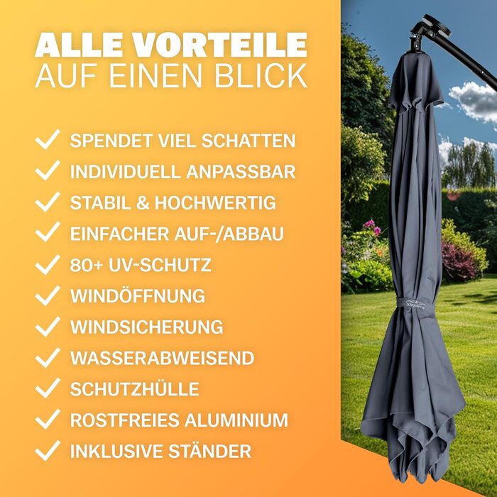 Kingsleeve® Canopy Umbrella LED Lighting UV Protection 80+ Solar Stand Protective Cover 300cm Large Crank Balcony Terrace Garden Umbrella Parasol Anthracite