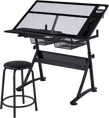 Yaheetech Adjustable Height Drafting Table Set with Tilt-Top, Storage & Stool - Drawing/Art Desk for Artists - Black