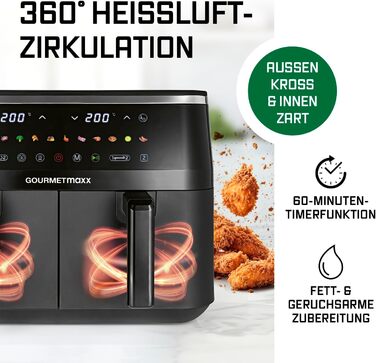 Фритюрниця повітряна GOURMETmaxx з 2 камерами, 10 літрів, 4 рівні, сенсорне скло, економія місця, чорний колір