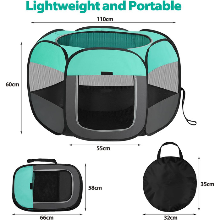 Клітка-забіг для цуценят, вольєр для собак та котів, портативна клітка-забіг для тварин, водовідштовхувальне полотно Oxford, з сумкою для перенесення, для дому, вулиці, кемпінгу (Білий, Зелений, L(110x110x60cm))