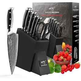 NANFANG BROTHERS 18-Piece Damascus Kitchen Knife Set with Hammered Handles & Wooden Block - Premium Quality