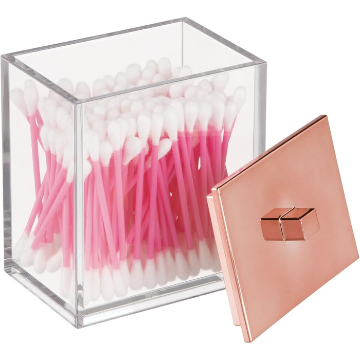 Набір ватних дисків та контейнер для ватних паличок mDesign - сучасне скло для зберігання з кришкою, аксесуар для ванної кімнати, пластик, для косметики та догляду, прозорий/рожеве золото