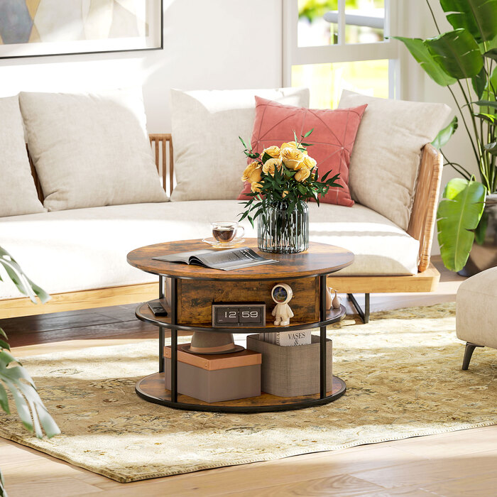 HOMCOM Adjustable Height Round Coffee Table Ø80 cm Living Room Table with Storage Shelf and Hidden Storage Space, Coffee Table Side Table for Living Room, Brown | Aosom