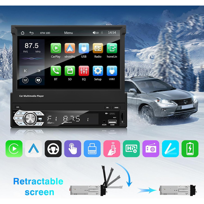 EZoneTronics 7-дюймове 1DIN автомагнітола з CarPlay/Android Auto, сенсорний екран, Bluetooth, підтримка SWC, Mirror Link, еквалайзер, FM/RDS, USB Type-C, AUX, TF-карта, камера заднього виду CW0013