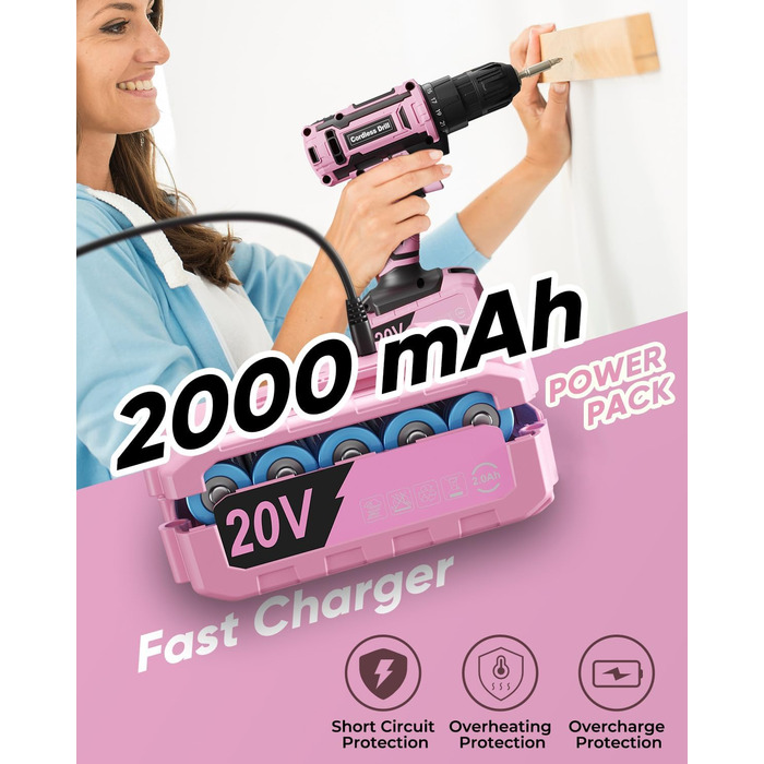 Акумуляторний дриль-шуруповерт 21V з 2 акумуляторами 2000mAh, 45Nm, 2 швидкості, 25+3 ступені крутного моменту, патрон 10мм, 27 предметний набір та кейс для дому та DIY (рожевий)