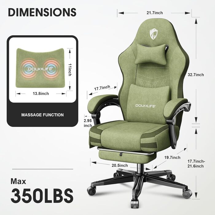 Ігровий крісло Douxlife з масажем, розширене пружинне сидіння, ергономічний офісний стілець для геймерів, стілець для роботи з підніжкою, 158 кг, темно-зелений