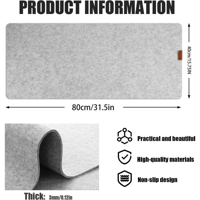 Підкладка на стіл з фетру 80x40 см сірого кольору - антиковзаюча, для офісу та дому