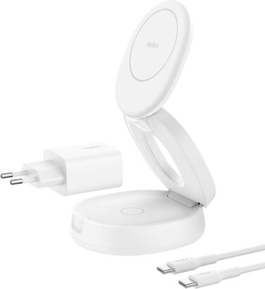 Бездротова зарядна станція 2-в-1 Belkin BoostCharge Qi2 15W MagSafe для iPhone 17, AirPods, Pixel, біла (з адаптером 30 Вт)