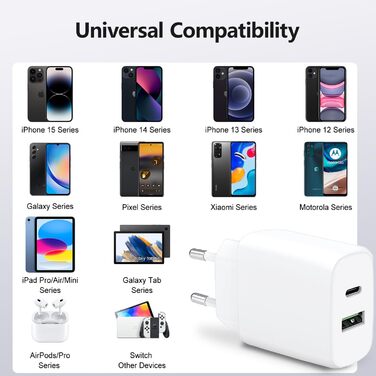 Швидкий зарядний пристрій Envircell USB-C GaN 30W з 2 портами (USB-C та USB-A), PD 3.0, білий. Сумісний з iPhone, Samsung та іншими телефонами.