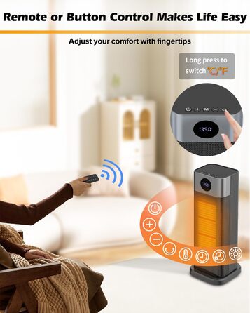 Електричний обігрівач PTC 2000W з термостатом, дистанційним керуванням, таймером та захистом від перегріву. Обігрівач для дому, офісу, спальні.