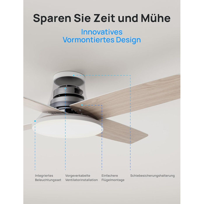 Вентилятор стельовий Dreo з підсвічуванням та пультом, 112 см, чорний, 5 лопатей, 6 рівнів регулювання яскравості, 6 швидкостей, тихий, таймер, легка збірка, для спальні